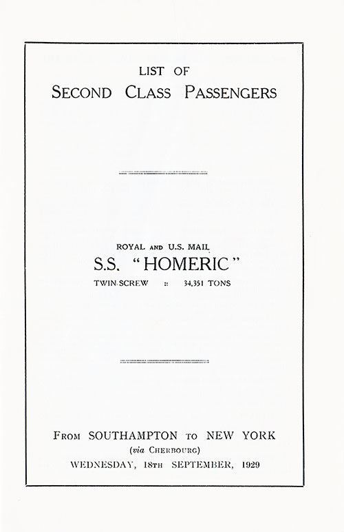 Title Page, RMS Homeric Tourist Third Cabin Passenger List, 18 September 1929.