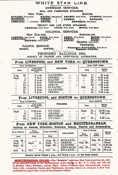 White Star Line American and Colonial Services. Proposed Sailings from 22 August 1905 to 28 October 1905.