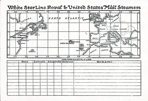 Track Chart and Memorandum of Log (Unused). RMS Majestic Passenger List, 30 August 1905.