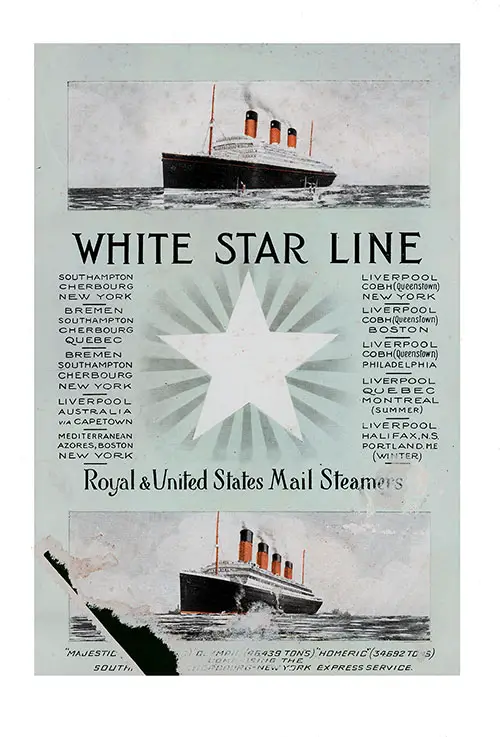 Front Cover, White Star Line RMS Majestic Second Class Passenger List - 6 September 1922.