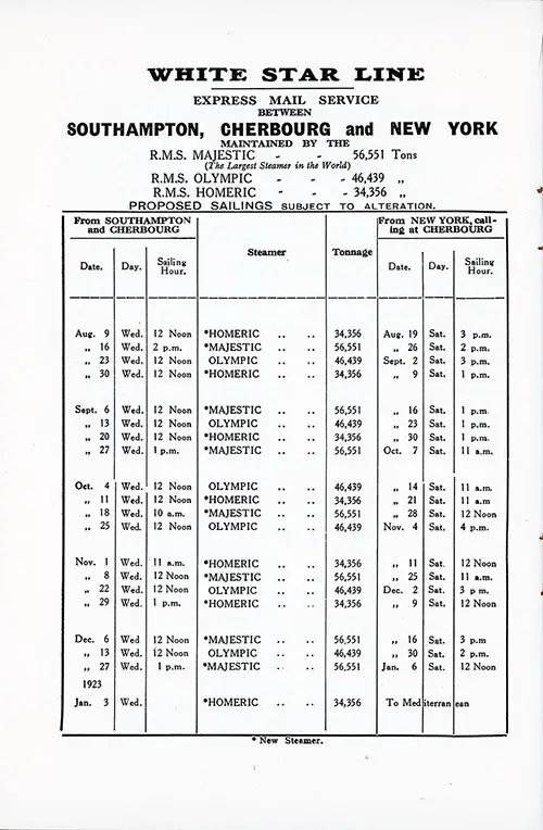 White Star Line Express Mail Service Between Soutampton, Cherbourg, and New York from 9 August 1922 to 3 January 1923.