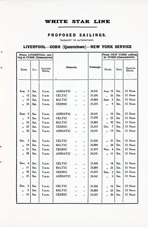 White Star Line Proposed Sailings, Liverpool-Cobh (Queenstown)-New York Service from 5 August 1922 to 30 December 1922.