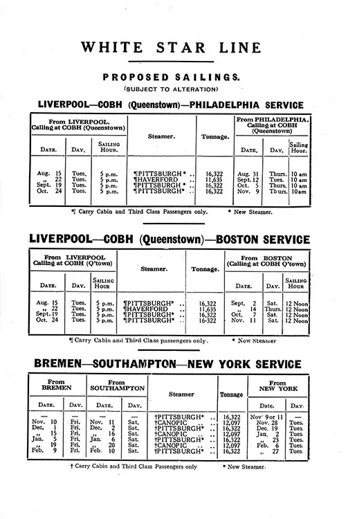 White Star Line Proposed Sailings Liverpool-Cobh-Philadelphia Service; Liverpool-Cobh-Boston Service; and Breman-Southampton-New York Service from 15 August 1922 to 27 February 1923.