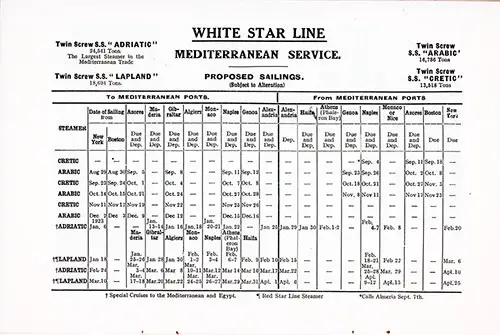 White Star Line Mediterranean Service Proposed Sailings from 29 August 1922 to 13 April 1923.