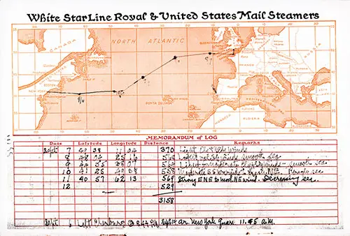 Track Chart and Memorandum of Log. RMS Majestic Passenger List, 6 September 1922.