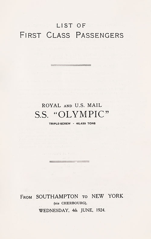 Title Page, RMS Olympic First Class Passenger List - 4 June 1924.