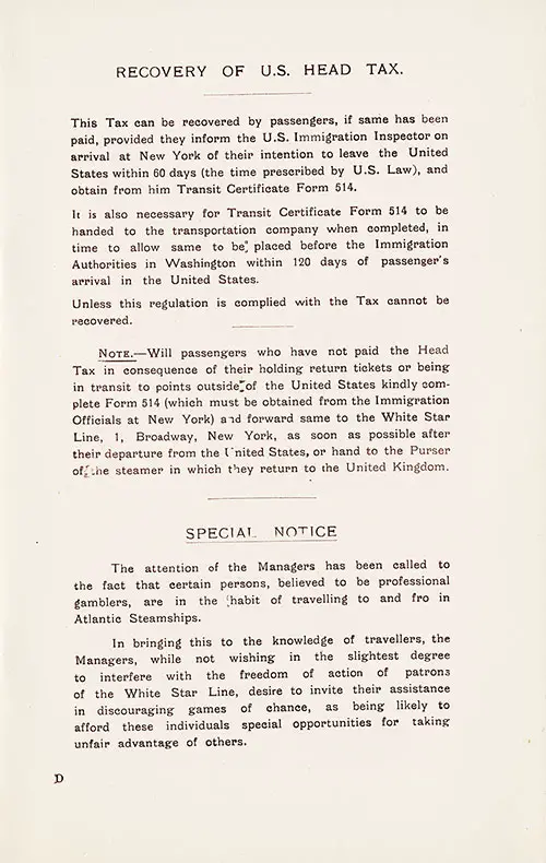 Recovery of U. S. Head Tax and Special Notice Concerning Professional Gamblers.