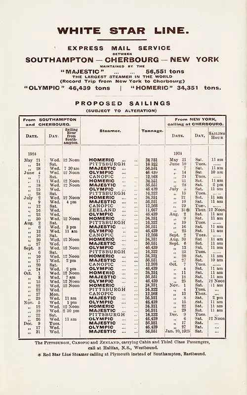 Sailing Schedule, Southampton-Cherbourg-New York, from 21 May 1924 to 10 January 1925.