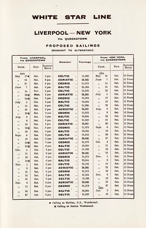 Sailing Schedule, Liverpool-Queenstown (Cobh)-New York, from 17 May 1924 to 10 January 1925.