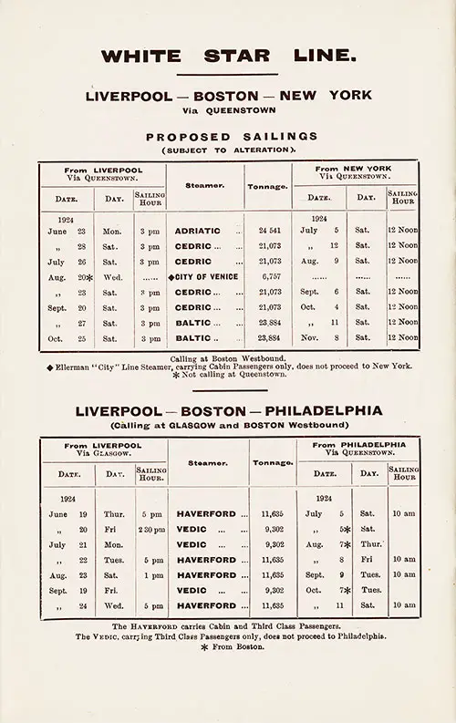 Sailing Schedule, Liverpool-Queenstown (Cobh)-Boston-New York, and Liverpool-Boston-Philadelphia, from 23 June 1924 to 8 November 1924.