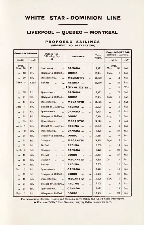 Sailing Schedule, Liverpool-Quebec-Montreal, from 16 May 1924 to 22 November 1924.