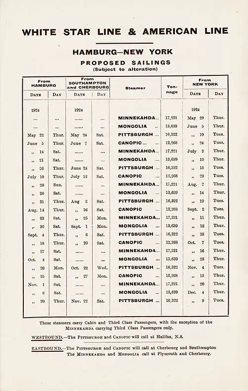 Sailing Schedule, Hamburg-New York, from 22 May 1924 to 9 December 1924.