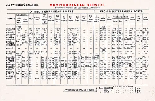 Sailing Schedule, White Star Line Mediterranean Service, from 3 July 1908 to 27 April 1909.