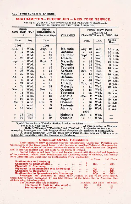 Sailing Schedule, Southampton-Cherbourg-New York Service, from 5 August 1908 to 13 January 1909.