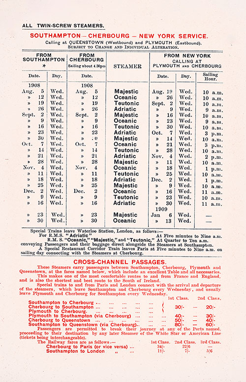 Sailing Schedule, Southampton-Cherbourg-New York Service, from 5 August 1908 to 13 January 1909.