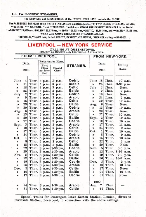 Sailing Schedule, Liverpool-New York, from 4 June 1908 to 14 January 1909.