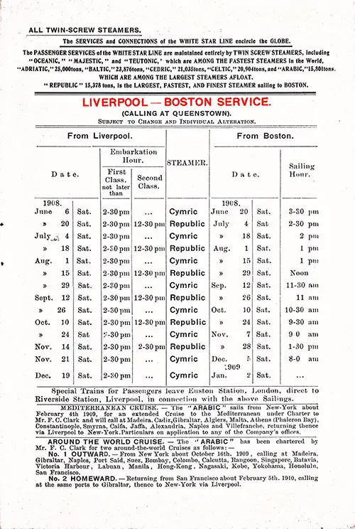 Sailing Schedule, Liverpool-Queenstown (Cobh)-Boston, from 6 June 1908 to 2 January 1909.