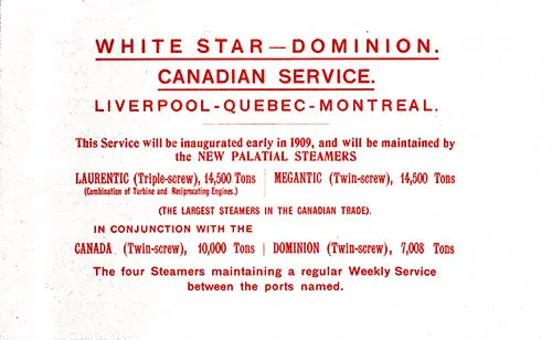 Insert: White Star-Dominion Canadian Service, 1909.