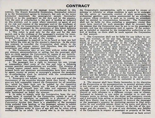 Terms and Conditions, Part 1, American Export Lines Passage Contract on the SS Excambion, Departing from New York to Naples Dated 18 January 1938.