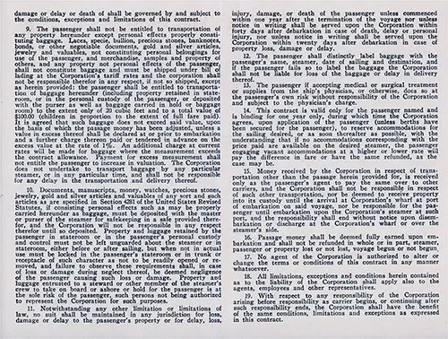 Terms and Conditions, Part 2, American Export Lines Passage Contract on the SS Excambion, Departing from New York to Naples Dated 18 January 1938.