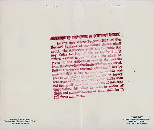 Addendum to Provisions of Contract Ticket, American Export Lines Passage Contract on the SS Excambion, Departing from New York to Naples Dated 18 January 1938.