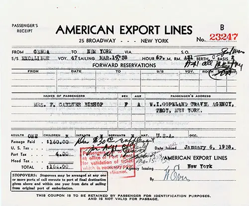 Passenger's Receipt Forward Reservations, American Export Lines Contract for Passage on the SS Excalibur, Departing from Genoa to New York Dated 18 March 1938.