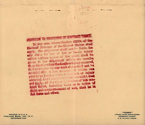 Addendum to Provisions of Contract Ticket, American Export Lines Passage Contract on the SS Excalibur, Departing from Genoa to New York Dated 18 March 1938.