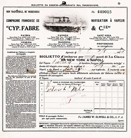 Fabre Line Third Class Passage Contract for the SS Patria, Departing from New York to Naples Dated 2 August 1915.