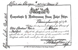 Passage Certificate, SS Columbia of the Anchor Line dated 29 April 1873, Glasgow to New York.