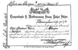 Passage Certificate from the Anchor Line for a Transatlantic Voyage from Glasgow to New York dated 29 April 1973. 