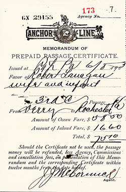 SS Columbia of the Anchor Steamship Line Third Class Prepaid Passage Certificate, 8 June 1903.