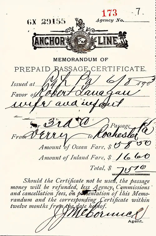 SS Columbia of the Anchor Steamship Line Third Class Prepaid Passage Certificate, 8 June 1903.