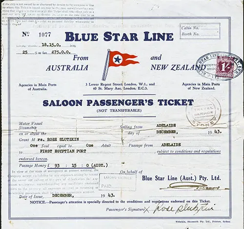 Front Cover, Blue Star Line Saloon Passenger's Ticket for Passage During World War II From Adelaide to an Egyptian Port, Departing from Adeline for the First Egyptian Port Dated December 1943.