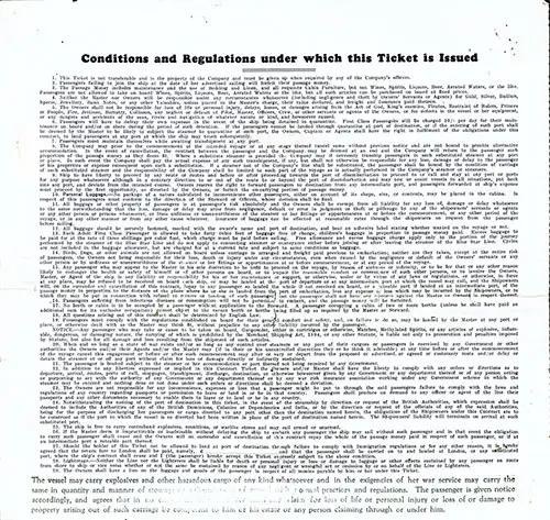 Conditions and Regulations, Blue Star Line Saloon Passenger's Ticket for Passage During World War II From Adelaide to an Egyptian Port, Departing from Adeline for the First Egyptian Port Dated December 1943.