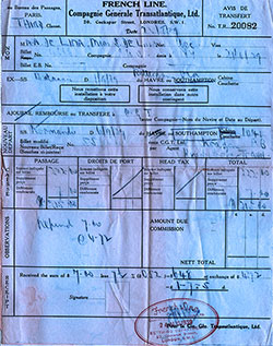 Third Class Passage Contract Ticket - SS Normandie - 1939-09-06