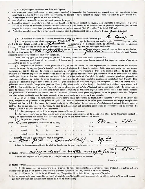 SS Chicago of the CGT French Line, Passage Contract from Geneva to New York, 12 October 1910, Part 2 of 4.