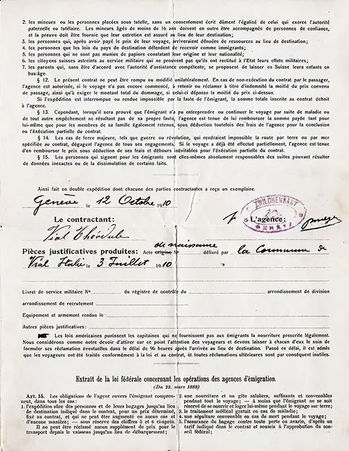 SS Chicago of the CGT French Line, Passage Contract from Geneva to New York, 12 October 1910, Part 3 of 4.