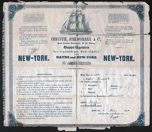 Front Side of Steerage Passage Contract from 1854, Le Havre to New York on the SS Admiral of the Vanderbilt European Steamship Line.