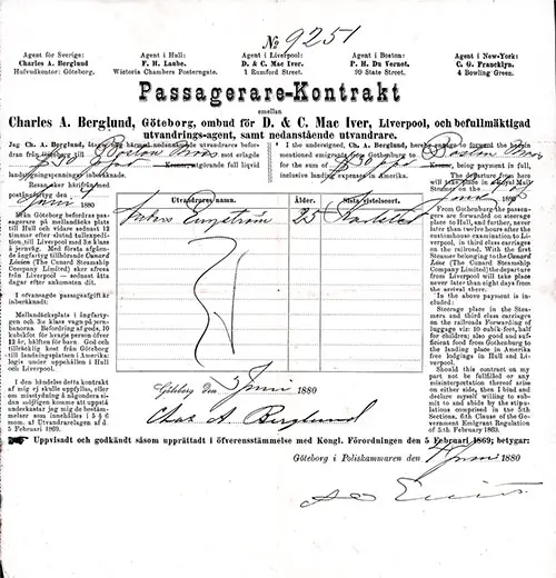 Cunard Line Steerage Passage Contract for Passage from Gothenburg to Boston Dated 4 June 1880.