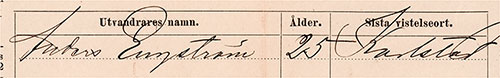 Closeup of Immigrant Engstrom from Sweden - Passage Contract on Cunard Line