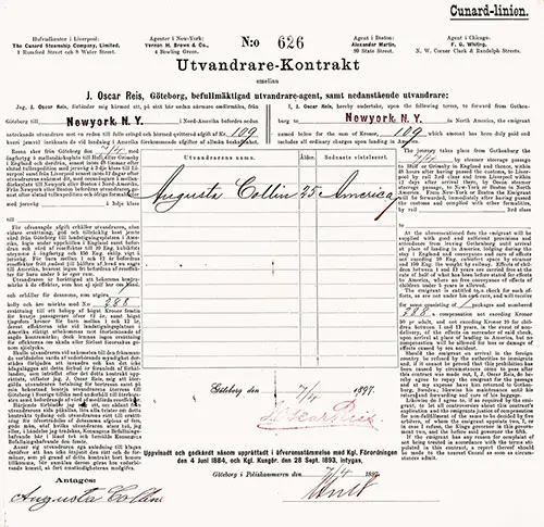 RMS Campania of the Cunard Line 1897 Immigrant Passage Contract - Sweden to New York.