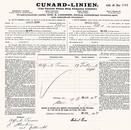 RMS Carmania Passage Contract for the Swedish Immigrant Alfred Person, Age 19, Traveling From Gothenburg to Boston, 10 April 1914.