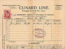 Cunard Line RMS Ivernia Contract for Passage, Copenhagen to America, 11 March 1905.