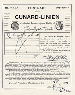 Norwegian Immigrant Third-Class Steerage Contract for Passage From Trondhjem to New York or Boston - 5 June 1913.