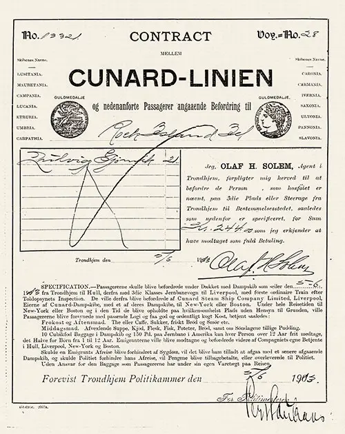 Norwegian Immigrant Third-Class Steerage Contract for Passage From Trondhjem to New York or Boston - 5 June 1913.