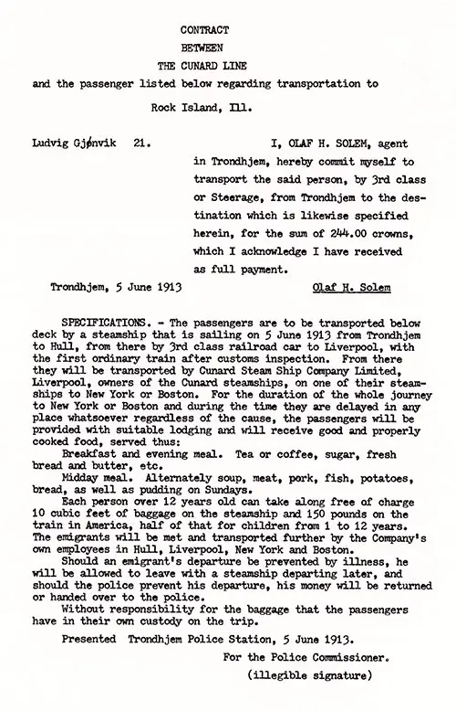 Translation of the Norwegian Text of the RMS Laconia Passage Contract, 5 June 1913.