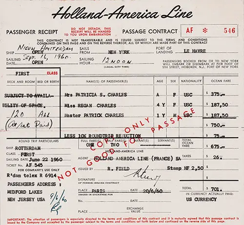 Holland-America Line Passage Contract for Passage on the SS Nieuw Amsterdam, Departing from New York to Le Havre Dated 16 September 1960.