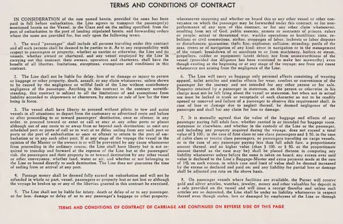 Terms amd Conditions, Part 1 of 2, Holland-America Line Passage Contract for Passage on the SS Nieuw Amsterdam, 16 September 1960.