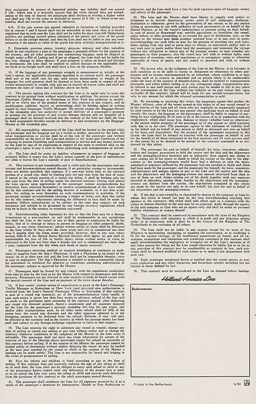 Terms amd Conditions, Part 2 of 2, Holland-America Line Passage Contract for Passage on the SS Nieuw Amsterdam, 16 September 1960.