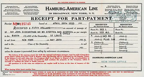 Hamburg America Line Receipt For $50 Part-Payment for Cabin Class Passage on the SS St Louis